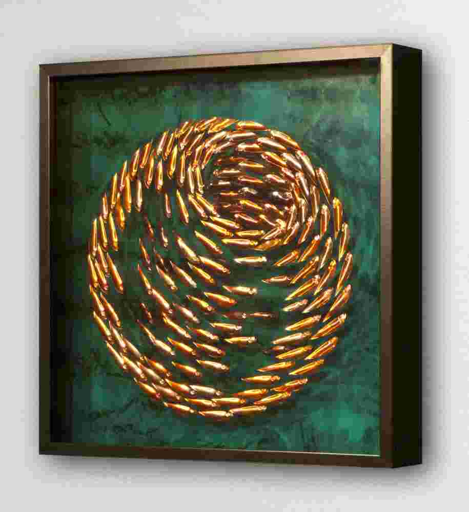 Three-dimensional wall sculpture, school of fish theme, with layers of plexiglass, aluminum frame and spherical copper fish.
