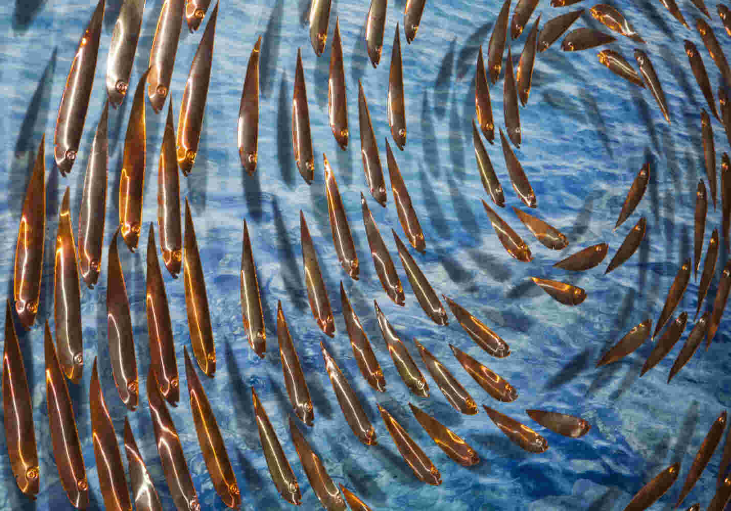 Three-dimensional wall sculpture, school of fish theme, with layers of plexiglass, aluminum frame and spherical aluminum fish.