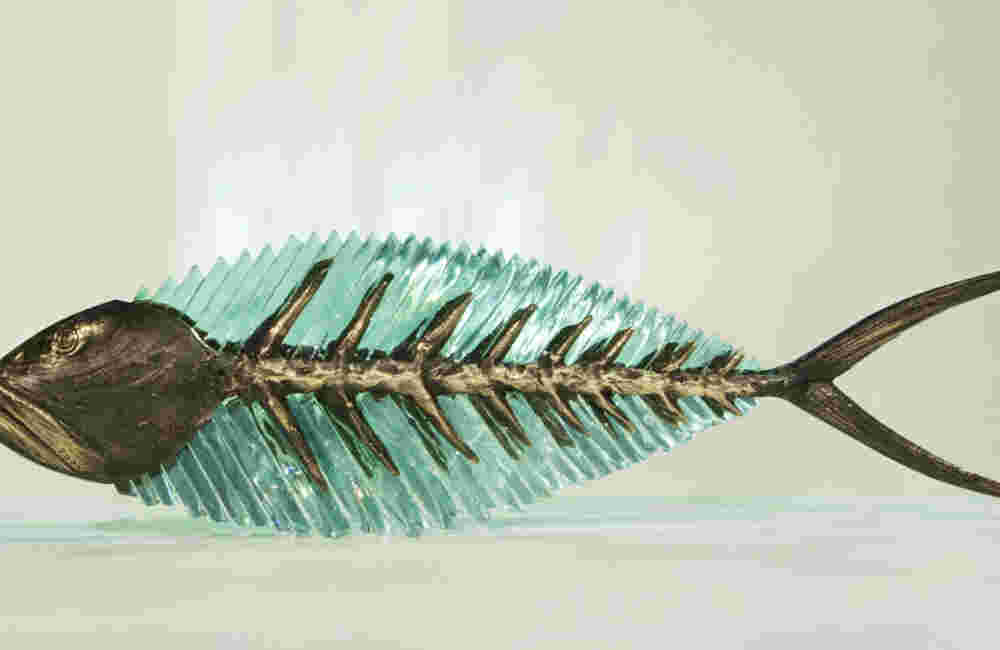 Cast bronze & glass sculpture of a fish. “Frozen Fish”.