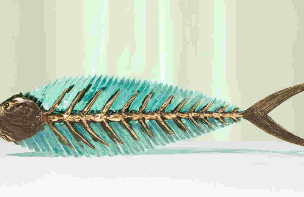Cast bronze & glass sculpture of a fish. “Frozen Fish”.