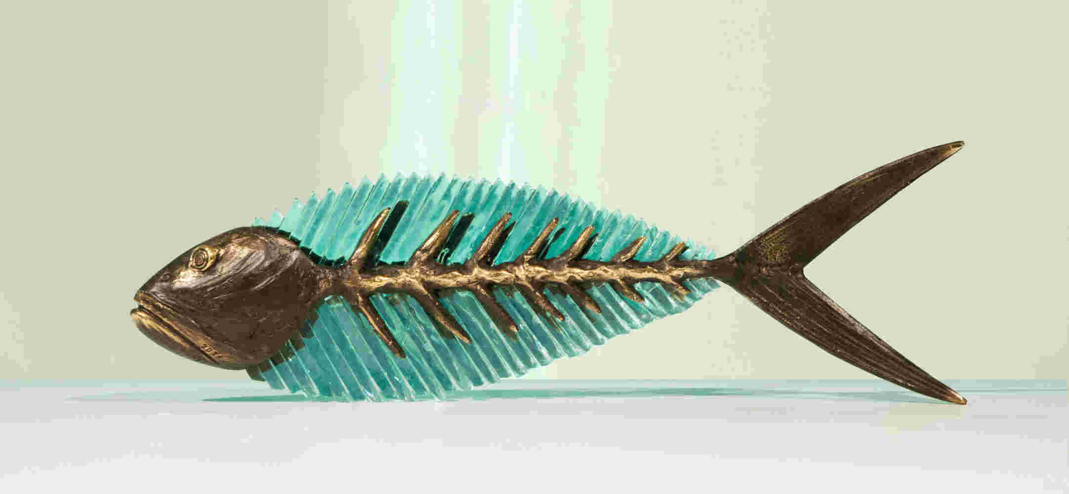 Cast bronze & glass sculpture of a fish. “Frozen Fish”.