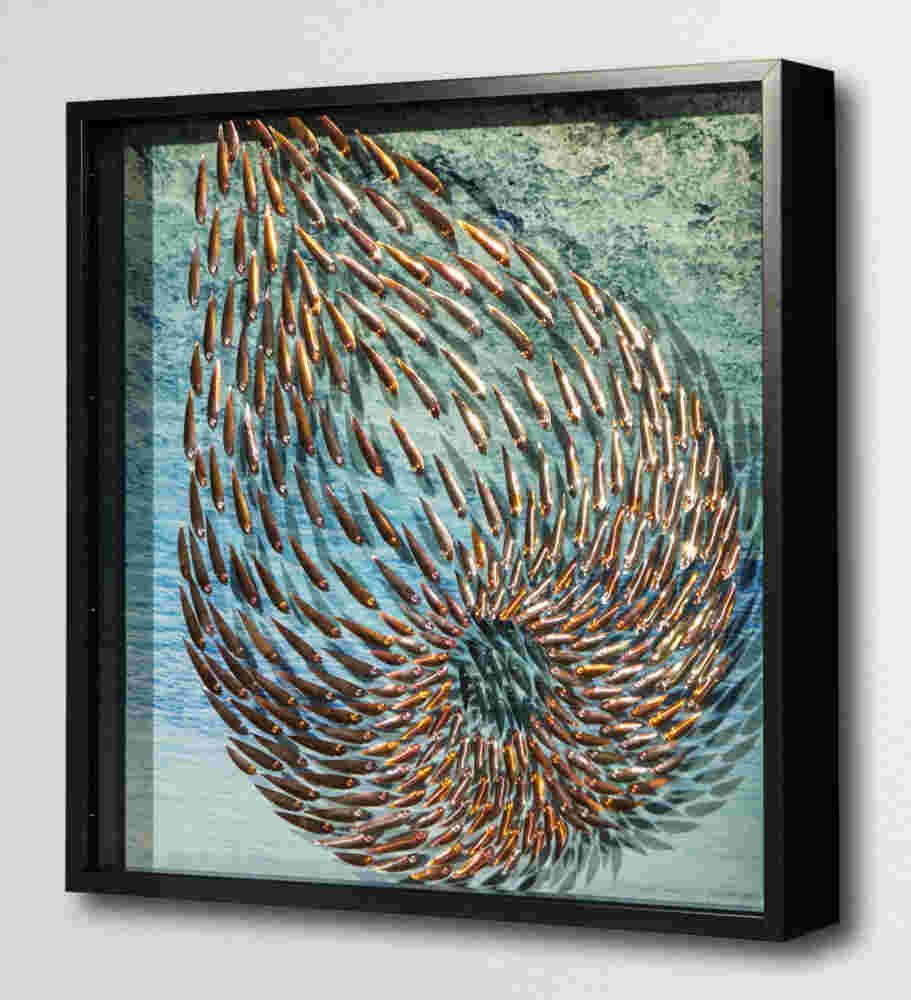 Three-dimensional wall sculpture, school of fish theme, with layers of plexiglass, aluminum frame and swirling copper fish.