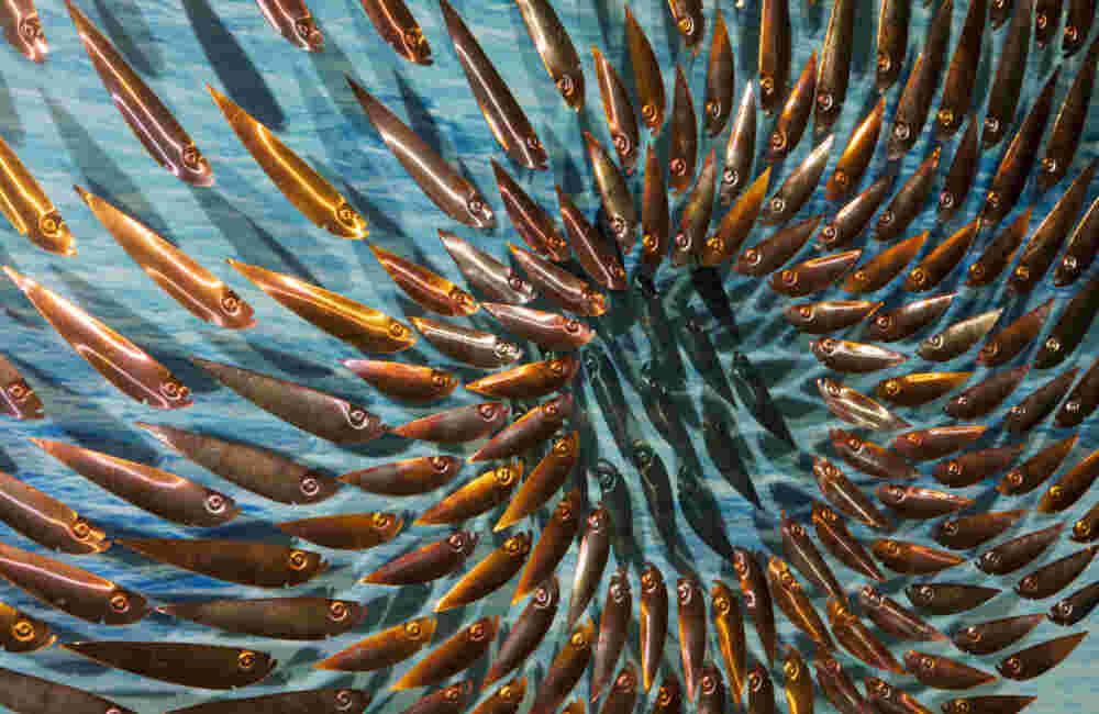 Three-dimensional wall sculpture, school of fish theme, with layers of plexiglass, aluminum frame and swirling copper fish.