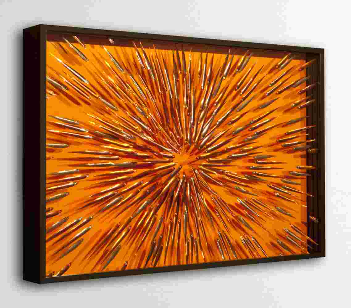 Three-dimensional wall sculpture, school of fish theme, with layers of plexiglass, aluminum frame and exploding copper fish.