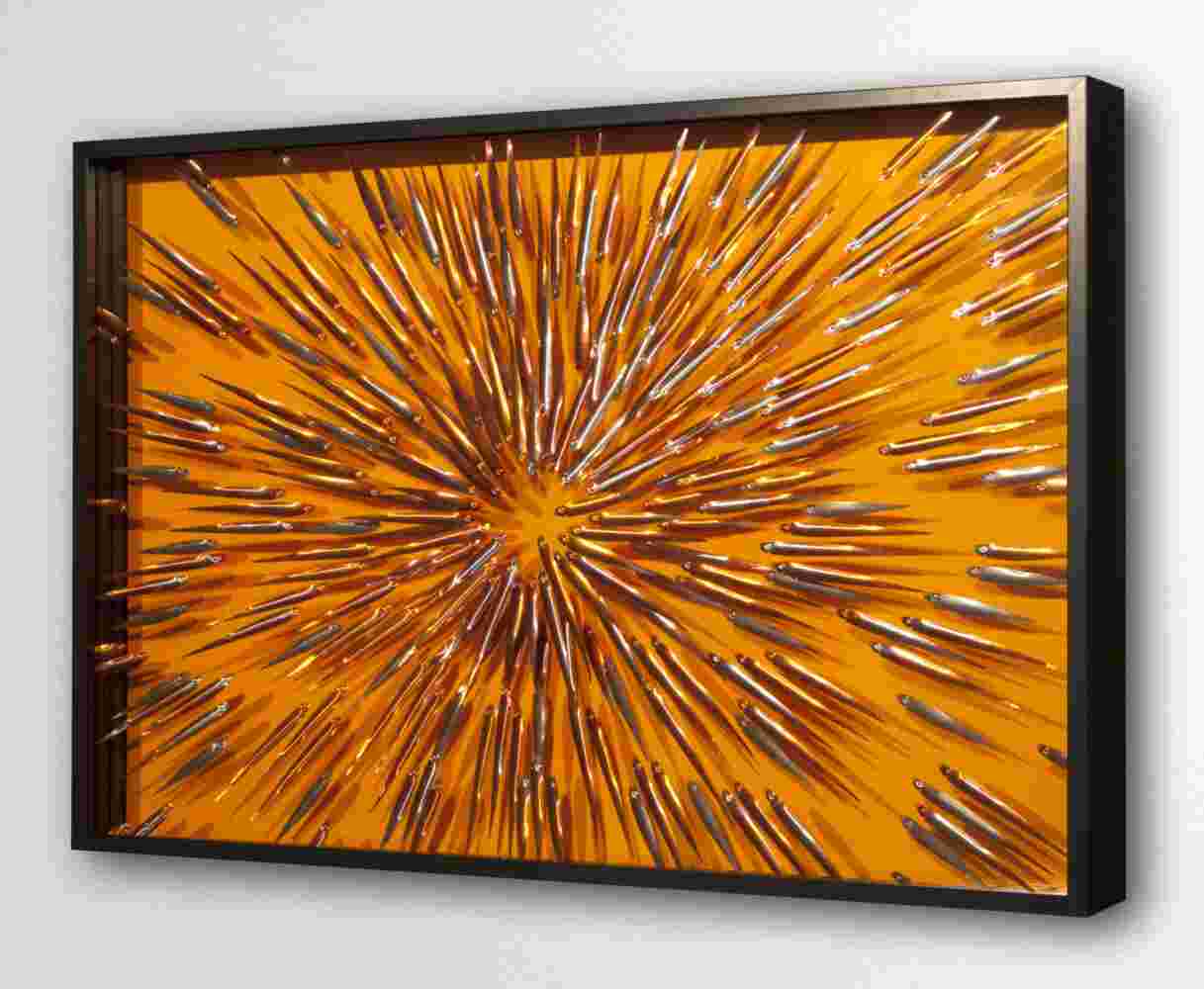 Three-dimensional wall sculpture, school of fish theme, with layers of plexiglass, aluminum frame and exploding copper fish.